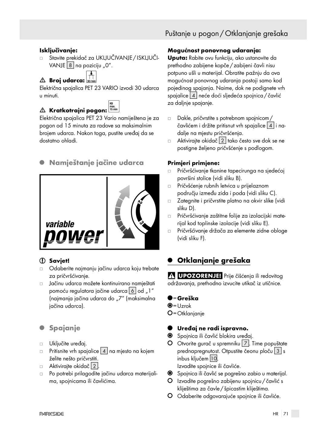 Kompernass PET 23 VARIO manual Puštanje u pogon / Otklanjanje grešaka, Namještanje jačine udarca, Spajanje 